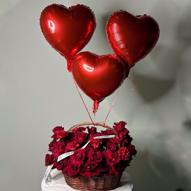 Rose - Carnations Basket With Heart Balloons <br> FLV-0259